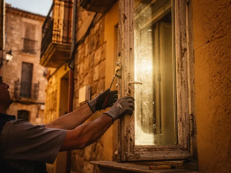 Pose d'un double vitrage neuf sur une fenêtre en bois, façade catalane