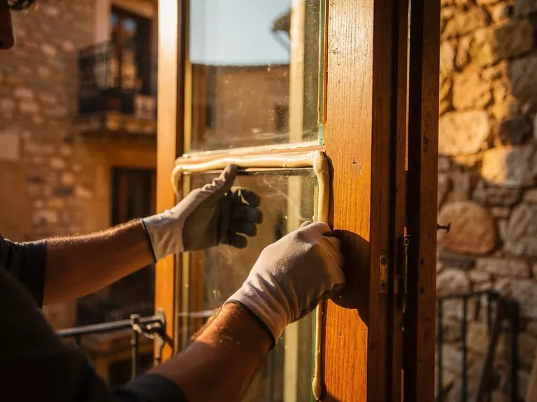 Vitrier posant un vitrage neuf dans une fenêtre en bois