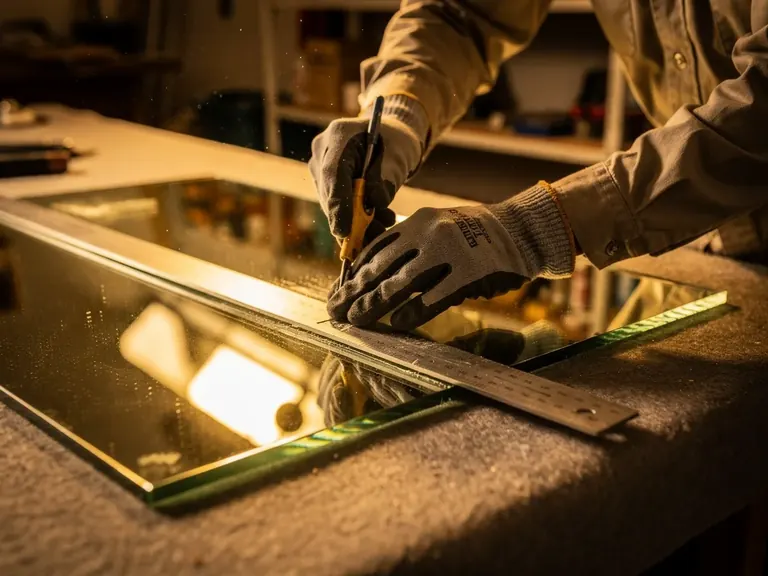 Découpe d'un miroir sur mesure sur une table d'atelier