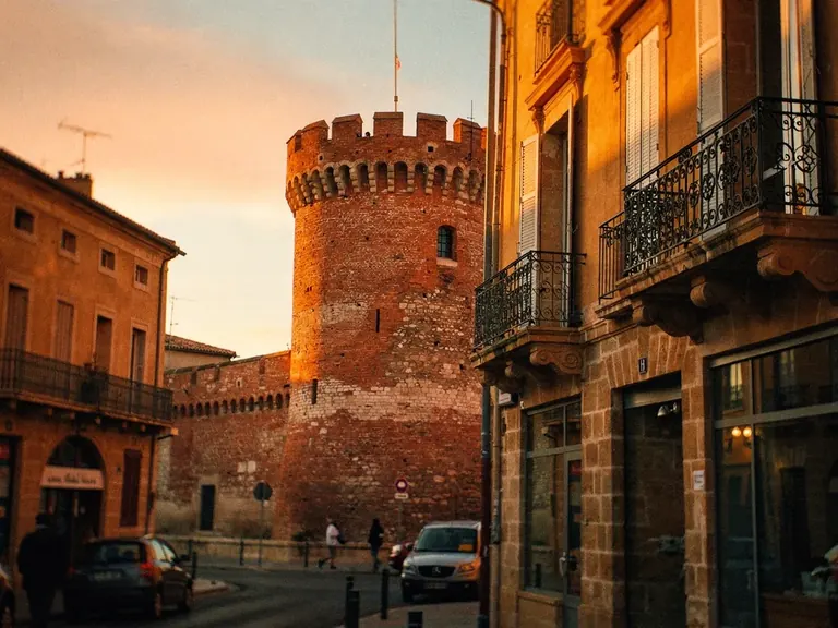 Rue commerçante de Perpignan avec le Castillet en arrière-plan