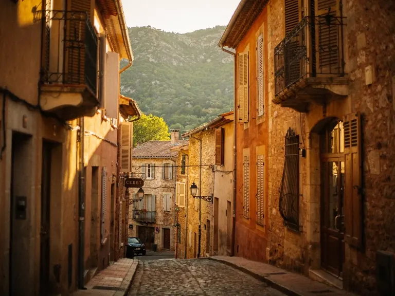 Petite ville catalane du Vallespir dans une vallée verte avec un pont ancien