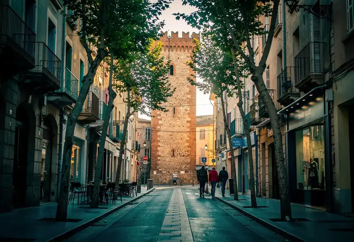 Rue commerçante de Perpignan avec le Castillet en arrière-plan