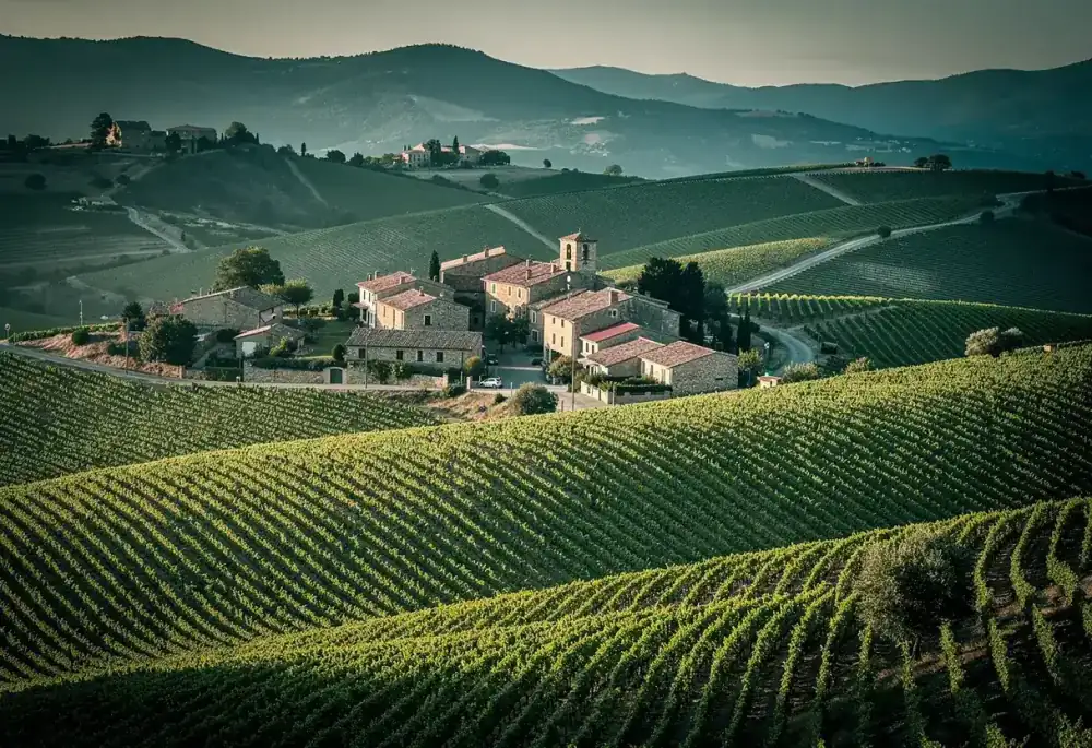Collines de vignes des Aspres avec un village de pierre