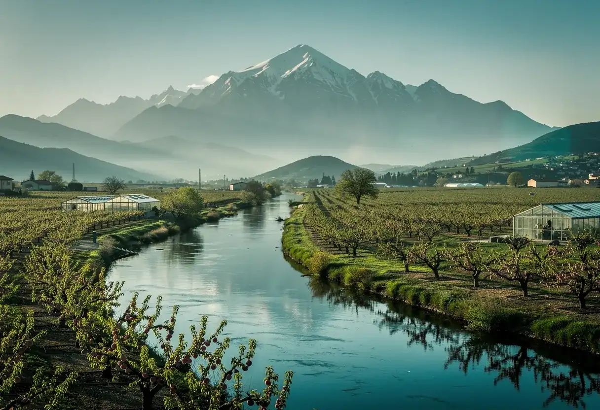 Vallée de la Têt avec vergers et Canigou enneigé