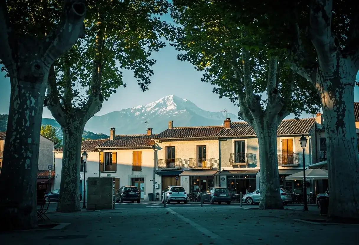 Place de village de la Salanque avec platanes, Canigou au loin